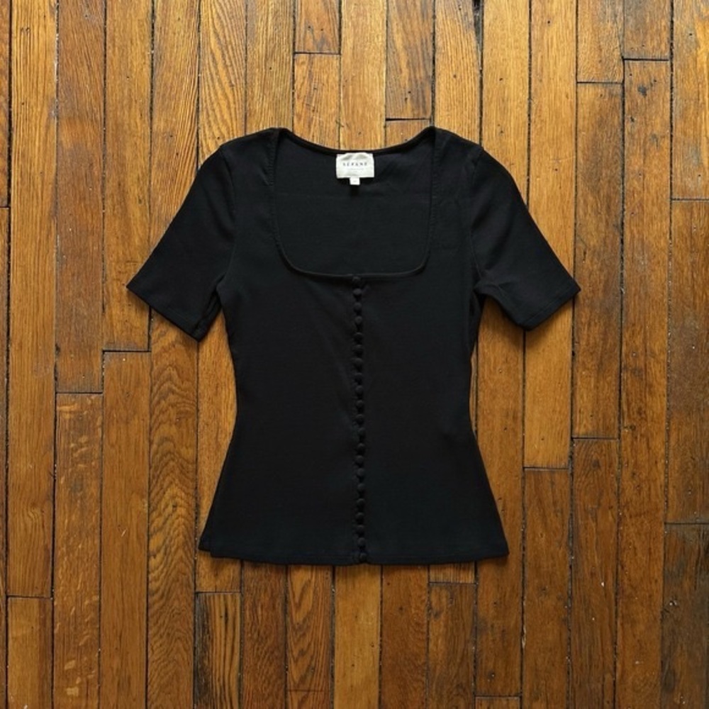 Sezane Grant T-Shirt Women Medium Black Buttons Minimalist Regency Boho